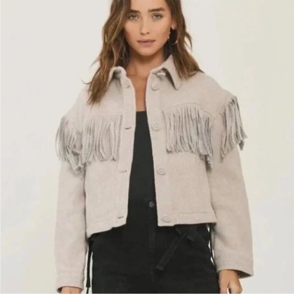 Something Navy Delphine Tan Fringe Detailed Wool Blend Modern Boho Crop Jacket